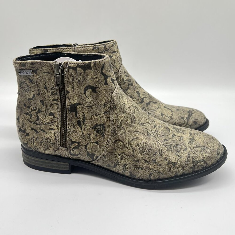 Roxy Womens Size 7 Black And Tan Floral Faux Vegan Leather Ankle Boots Shoes